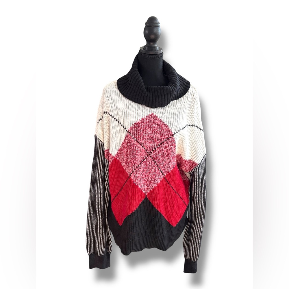 Tribal “Poppy Red” Argyle Cowl Neck Sweater – Size XL – NEW with Tags